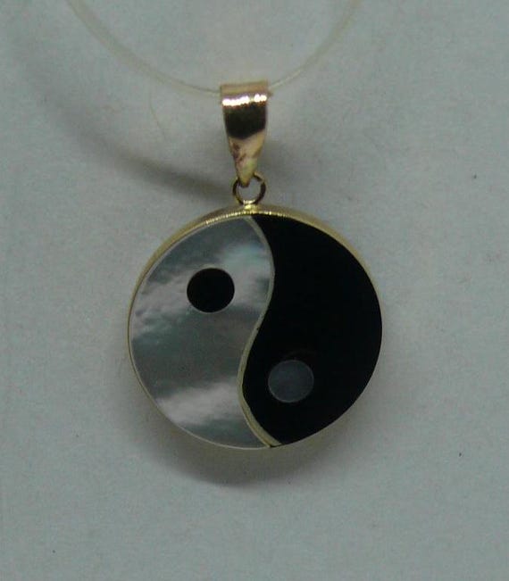 Black Onyx and Mother of Pearl Yin Yang Pendant 14k Yellow Gold