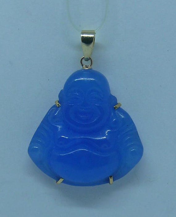 Blue Jade Buddha Pendant 14k Yellow Gold