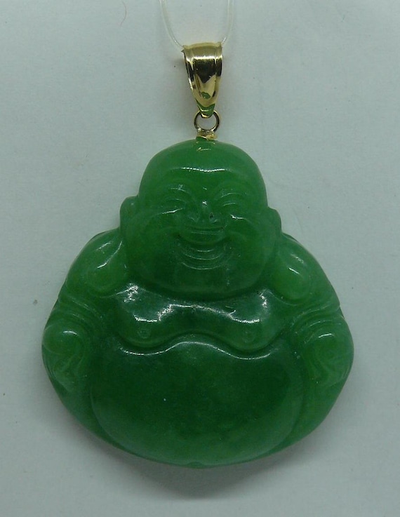 Green Jade Buddha Pendant 14k Yellow Gold