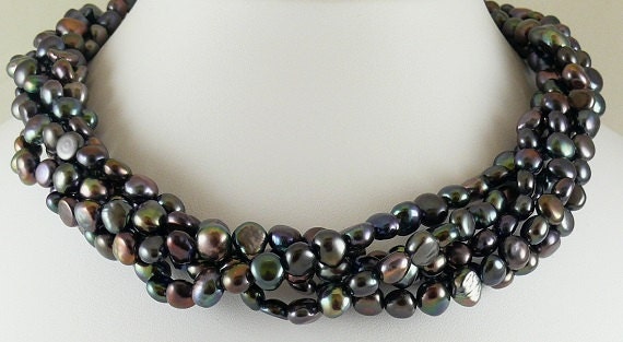 Freshwater Black Flat Pearl Necklace with Sterling Silver Clasp