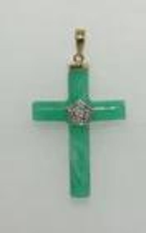 Jade Green Cross Pendant with Diamond 14k Yellow Gold