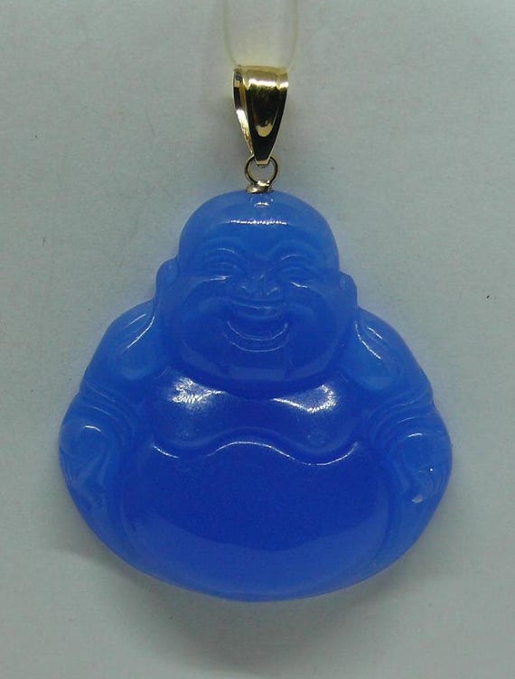 Blue Jade Buddha Pendant 14k Yellow Gold