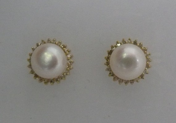 Freshwater White 8.3 mm Pearl Earrings with 14k Yellow Gold and Diamonds 0.22ct