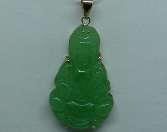 Green Jade Lady Buddha Pendant 14k Yellow Gold