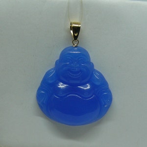 Blue Jade Buddha Pendant 14k Yellow Gold