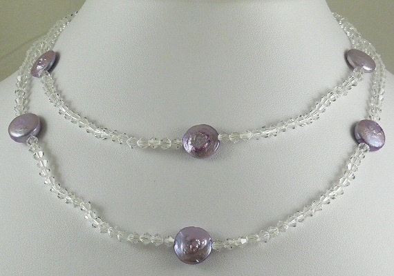 Freshwater Purple Color Pearl Necklace with Clear Crystal 33 Inches