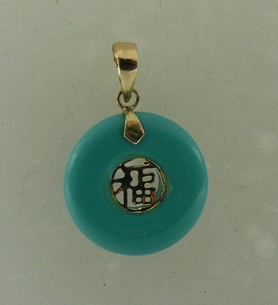 Reconstituted Turquoise Life Save Good Luck Pendant 14k Yellow Gold