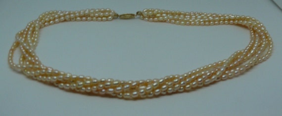 Freshwater Light Peach 3x4.5mm Pearl 6 Strand Necklace 14k Yellow Gold Clasp 16"