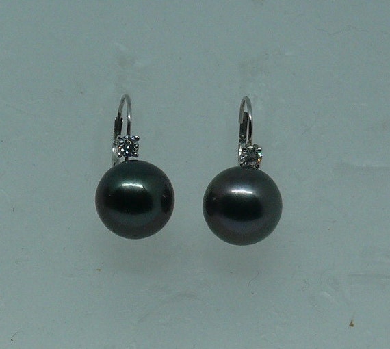 Tahitian Black Pearl Earrings 14k White Gold Lever Back with Diamonds 0.18ct