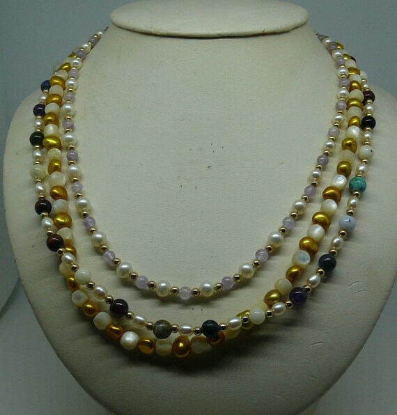 Freshwater Pearls, Semi Precious 3 Necklaces with 14k Gold Filled Beads & Clasp