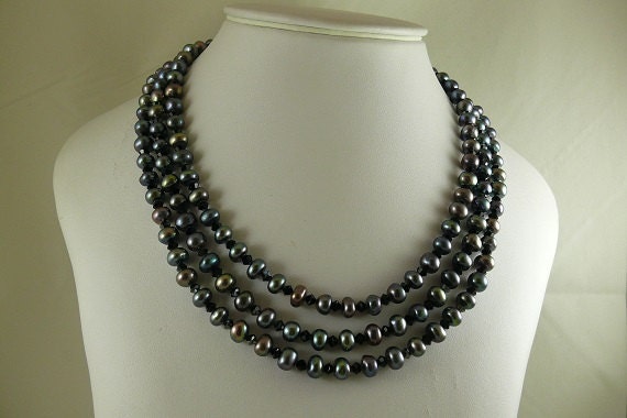 Freshwater Black 7.2 mm - 7.9 mm Pearl & 4.0 mm Crystals Triple Strand Necklace