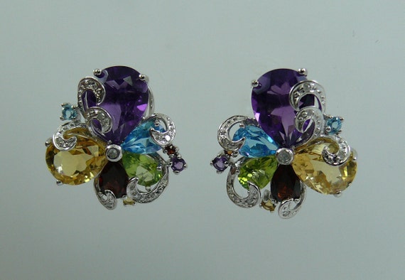 Multi-Color 9.82 ct Gemstone Earrings 14K White Gold and Diamonds 0.10ct