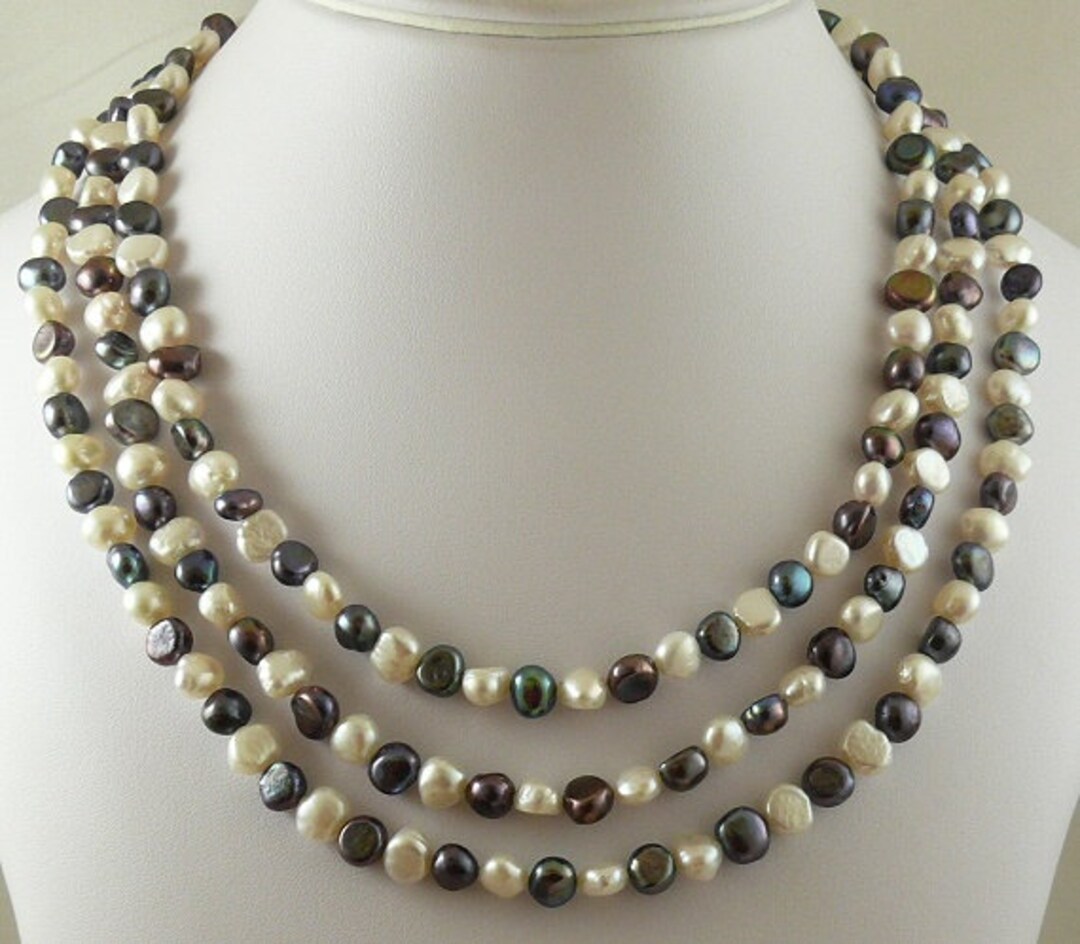 Freshwater Black and White Pearl Nested Necklace With Sterling Silver ...