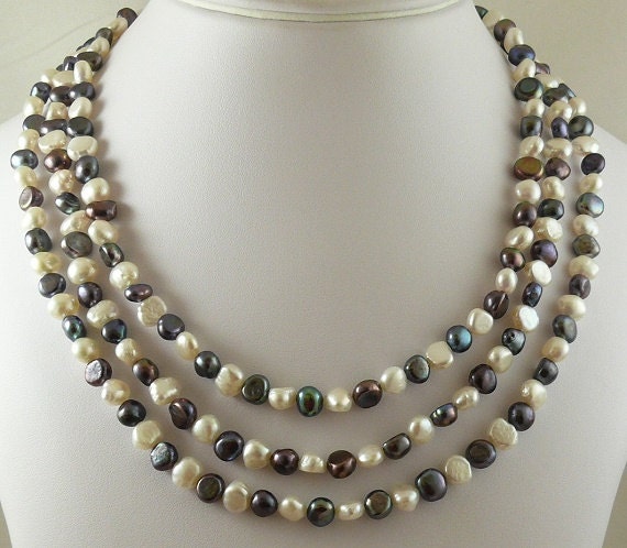 Freshwater Black and White Pearl Nested Necklace with Sterling Silver Clasp