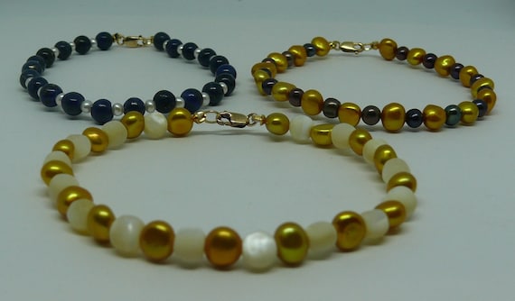 Freshwater Pearl and Semi Precious III Bracelet Set, 14k Gold Filled Beads & Clasp