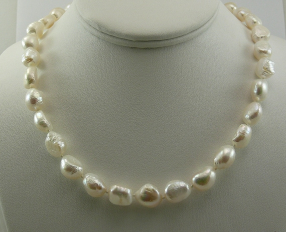 Cultured Freshwater White Pearl Necklace 18" 14k White Gold Fish Lock