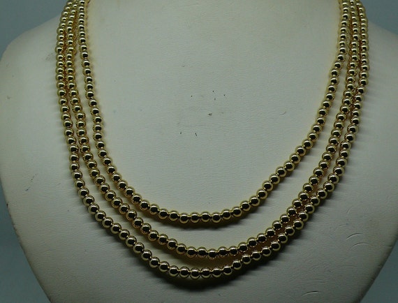 4mm 14k Gold-Filled Beaded Triple Strand Necklace 16" Long