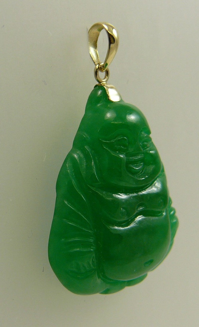Green Jade 22.8 mm x 26.6 mm Buddha Pendant 14k Yellow Gold