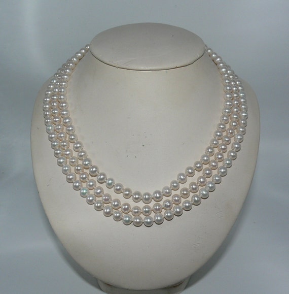 Freshwater White Pearl Triple Strand Necklace with 14k White Gold Clasp