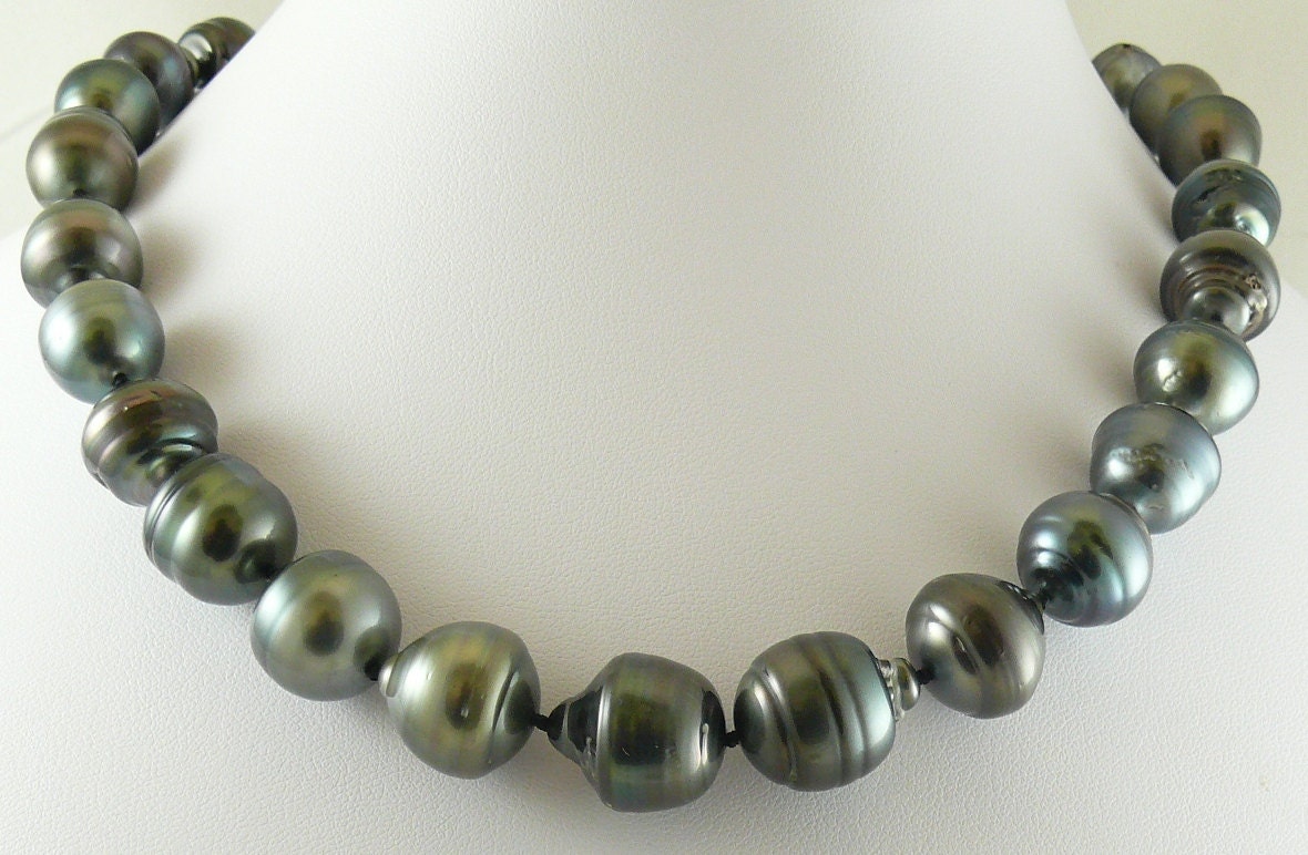 Tahitian Black Baroque Pearl Necklace 15 mm x16.8 mm 18 1/4 14k White ...