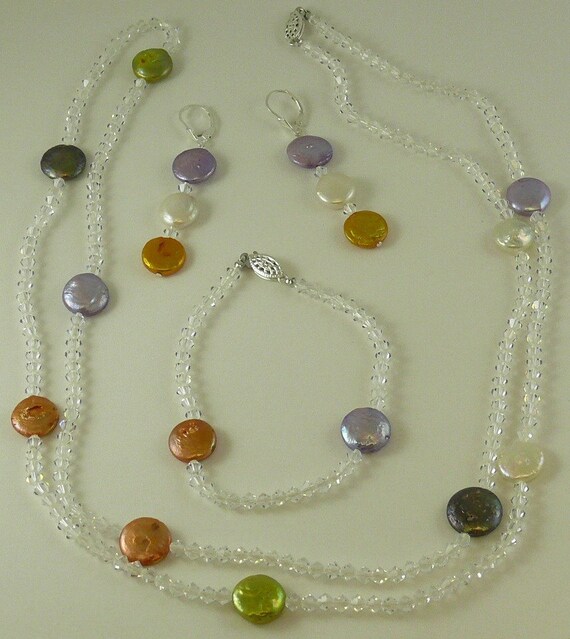 Freshwater Coin Pearl Necklace, Earring and Bracelet with Crystal Set in Silver