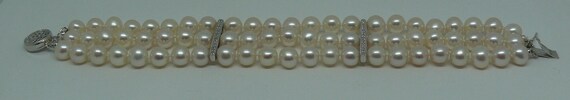 Freshwater Pearl Triple Strand Bracelet with 14k White Gold Clasp & Diamond Bars