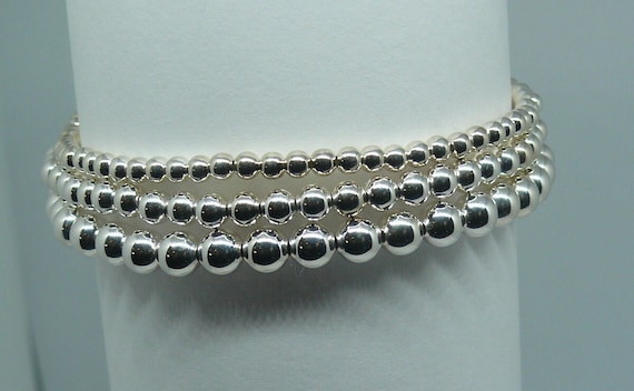 3mm, 4mm & 5mm Sterling Silver Beaded Stackable Bracelets 7.5" Long
