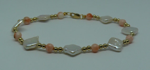 Freshwater White Pearl & Pink Coral Bracelet with 14k Yellow Gold-Filled