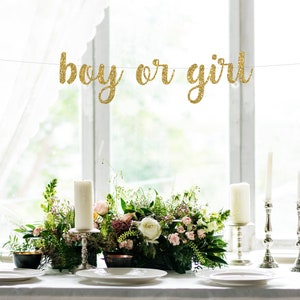 Striscione per ragazzo o ragazza, ragazzo o ragazza, striscione per rivelazione del sesso, striscione per baby shower, decorazioni per feste con glitter dorati, striscione corsivo