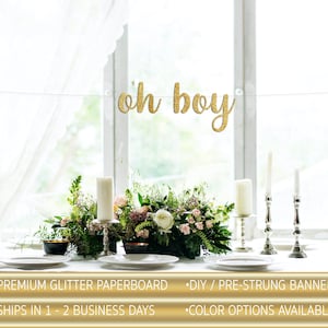 banner oh boy con tutina, banner Gender Reveal, banner Baby Shower, decorazioni per feste Gold Glitter, banner in corsivo