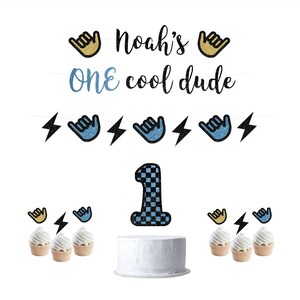 One Cool Dude-verjaardagspakket - gepersonaliseerde banners, taarttoppers en cupcaketoppers set voor het 1e verjaardagsfeestje, aanpasbare naambanner