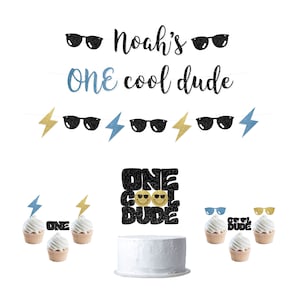 Cool Dude luxe verjaardagspakket, gepersonaliseerde banners, taarttopper, cupcaketoppers voor de 1e verjaardag, coole feestartikelen