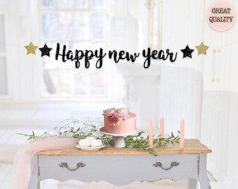 Happy New Year Glitter Banner with Stars - New Year's Eve Party Decor, New Year's Decorations, New Year's Banner, New Years Party Banner