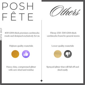 May include: A comparison chart highlighting the differences between POSH F&Ecirc;TE cardstock and other cardstocks. POSH F&Ecirc;TE cardstock is 400 GSM thick, made with high-quality materials, and features heavy-duty, compressed glitter with zero shed. Other cardstocks are 250-300 GSM thick, made with lower quality materials, and feature sprayed glitter that can fall off and shed easily.