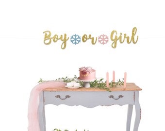 Boy or Girl banner, Gender Reveal banner, Winter Baby Shower banner, Gold Glitter party decorations, cursive banner