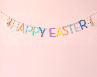 Happy Easter Banner with Felt Bunnies, Pastel Spring Garland Decoration