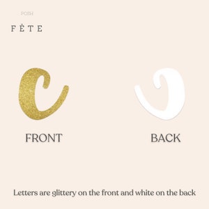 May include: Gold glitter letter C with a white back. The letter is for a party decoration. The text "POSH F&Ecirc;TE" is at the top of the image.