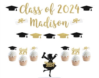 Custom Class of 2024 Graduation Bundle, Graduation 2024 Banner, Cupcake toppers and Graduation Cake topper, 2024 Grad Banner, Gold & Black