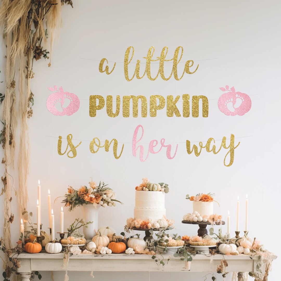 Herbst Babyparty Dekoration „A Little Pumpkin Is On The Way“ – Banner & Kürbis-Deko, Rosa/glitzer