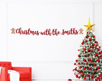 Personalized Christmas sign, Glitter Banner, Personalized Christmas sign with Surname, Gingerbread decor, Custom Name Banner