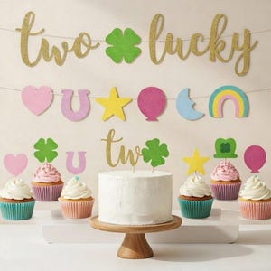 Two Lucky Birthday Party Decorations, St. Patrick's Day Theme Banner, Cake Toppers