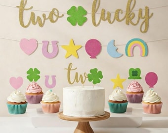 Two Lucky Birthday Party Decorations, St. Patrick's Day Theme Banner, Cake Toppers