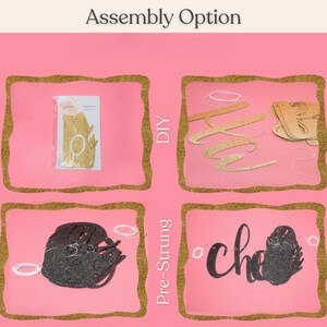 May include: A gold glitter "Cheers" banner with the option to assemble it yourself or have it pre-strung. The banner is shown in two different assembly options: DIY and pre-strung.