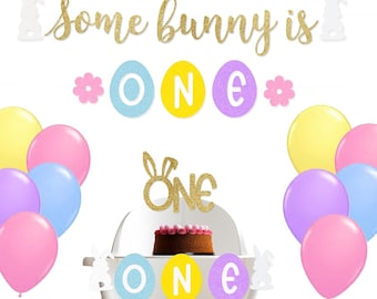 Bunny First Birthday Decorations, Some Bunny Is One bannerset, paastaarttopper