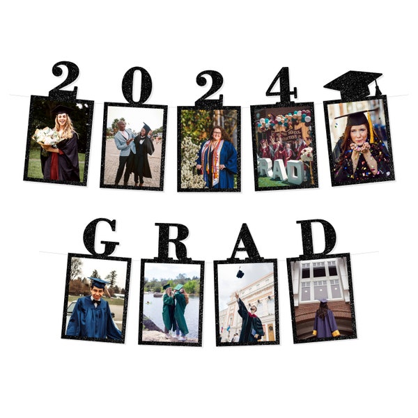Personalized Graduation Photo Banner, Graduation Decorations Class of 2024, Black Glitter Photo Banner with Graduation Cap Decorations