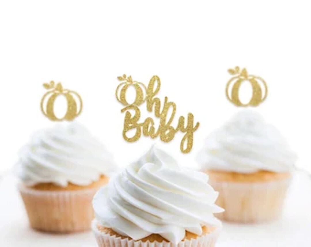 33 Stück Glitter Cupcake Toppers 'Oh Baby' Gold - Deko Für Babyparty, Baby Shower, Geburtstag Mit Herz & Stern Motiven