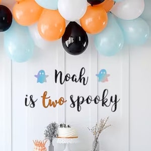 Custom Name Two Spooky Banner - Black, Blue, Iridescent - Halloween Party Decorations - Personalized Halloween Banner- Ghost Theme,