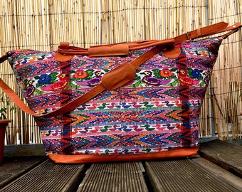 Ethnic Carpet Bag - large embroidered Mexican folk art traditional woven overnight travel Mayan blouse handmade