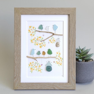 Sea Glass Art Family, Sea Glass Family Bird House, Wall Decor, Birds, Family house, Wood Frame