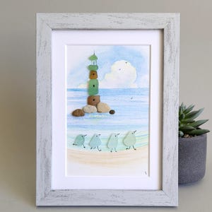 Sea Glass Lighthouse, Hand Made Sea Glass Lighthouse, Lighthouse Sea Glass Art, Family on the beach, Lighthouse on the Horizon, Frame